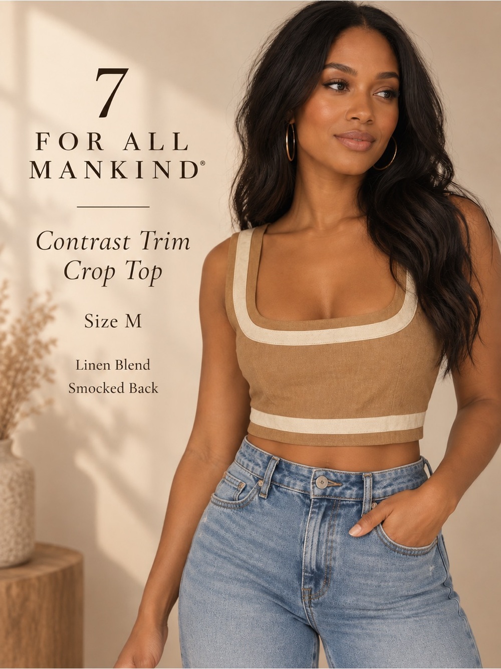 7 For All Mankind Contrast Trim Linen Blend Crop Top Tan Cream M